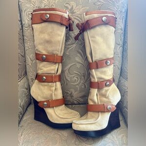 L.A.M.B. Tan Suede and Brown Leather Wedge Heel Boots